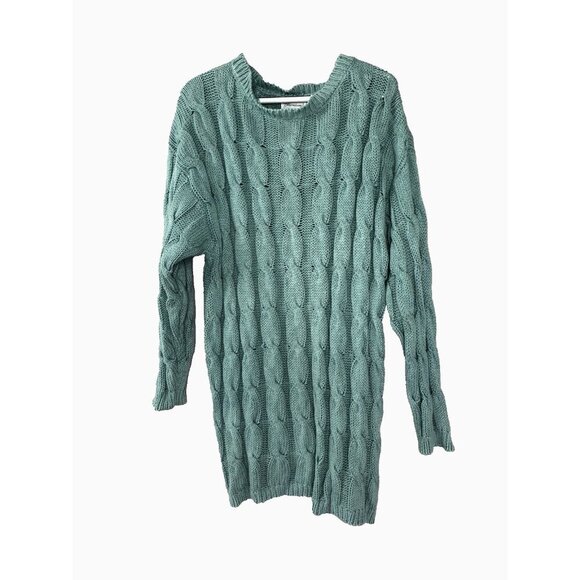 Vintage Chunky Cable Knit Extra Long Sweater Dress L Seafoam Green Fisherman Fit - Picture 1 of 14